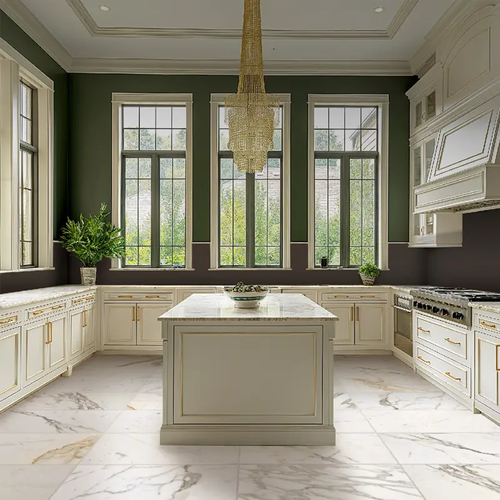 calacatta tile in traditional kitchen with large island