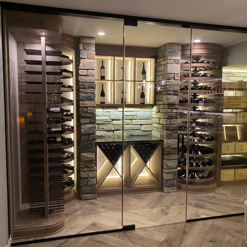 Custom glass and tile wine room by Dunn's Flooring Depot Showroom & Design